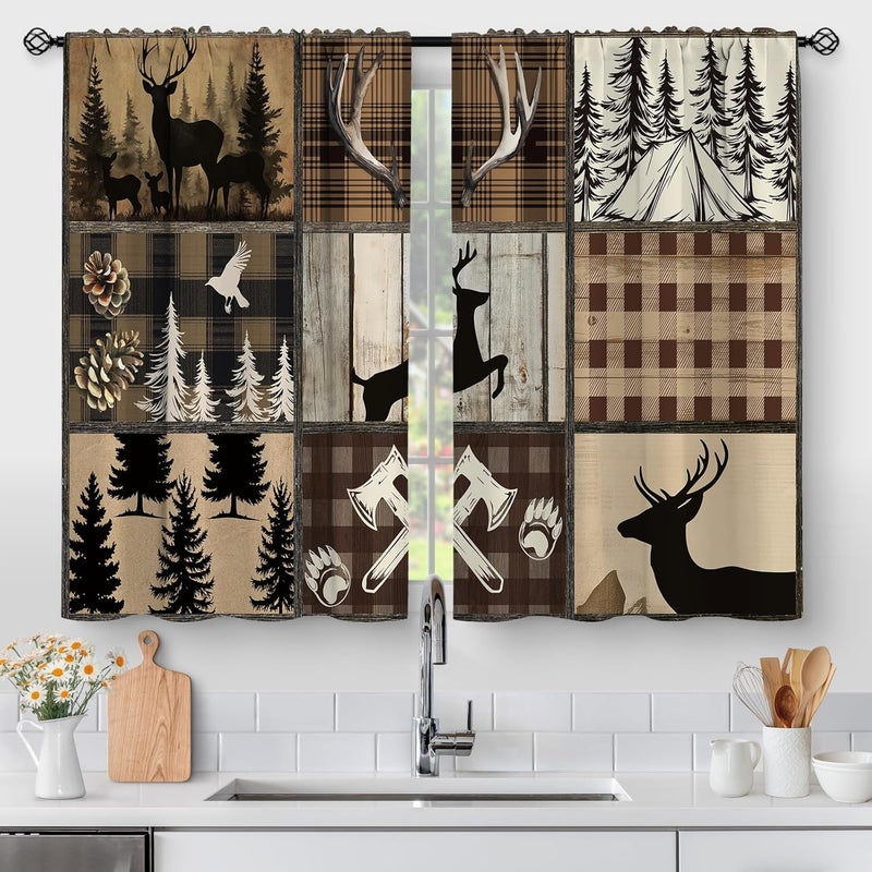Aimego Deer Forest Kitchen Curtains - Vintage Small Short Cafe Tier Curtains Farmhouse Rustic Decor for Living Dining Room Rod Pocket Window Drapes 36 Inch Length 2 Panels Set 28"x36" - Image 1